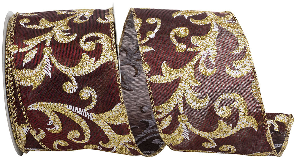 The Holiday Aisle® Scroll Filigree Glitter Iridescent Satin Wired Edge ...