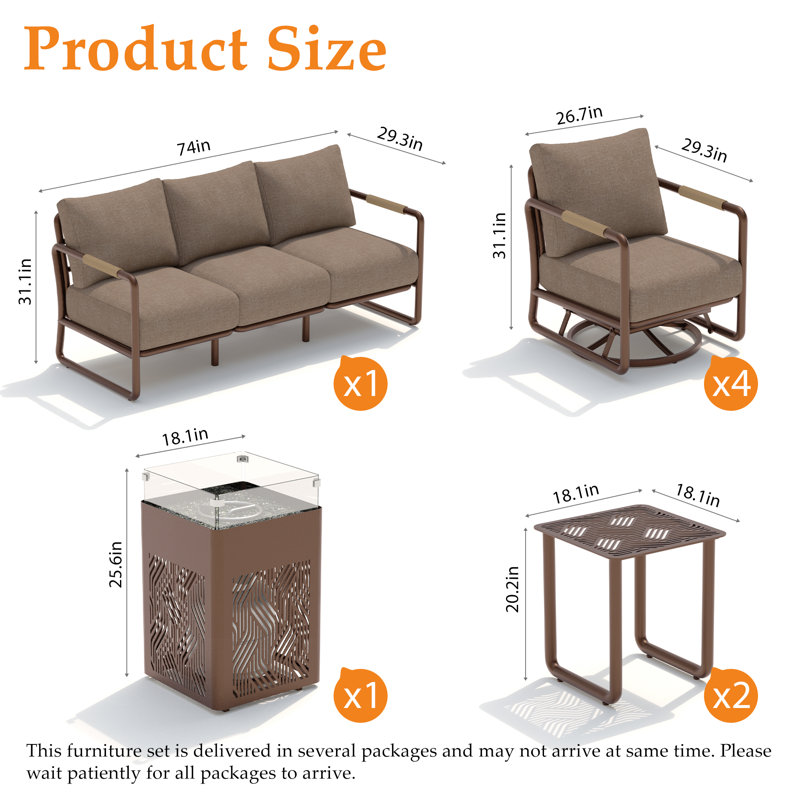 7 - Person Aluminum Patio Conversation Sets with Gilder&Swivel Chairs and Firepit, Brown Cushion/Chestnut Brown Frame