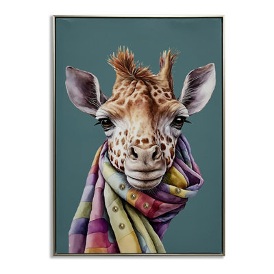 Girafe avec foulard vibrant, art mural sur toile - 21 po x 29 po - Cadre argent champagne