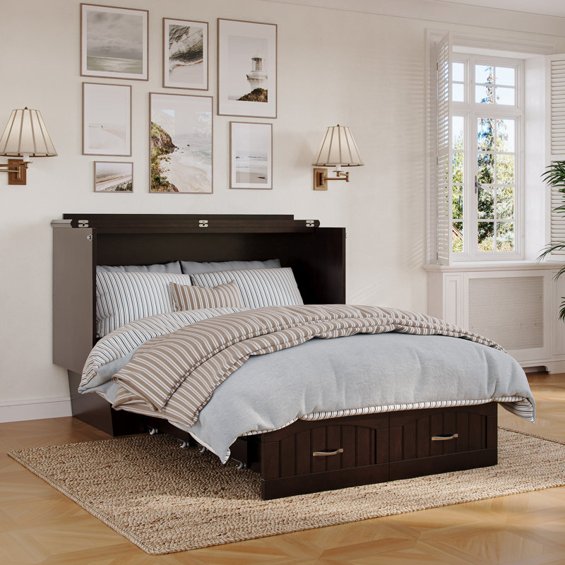 Lit escamotable en bois massif avec station de charge et matelas Kindig, Double, Espresso