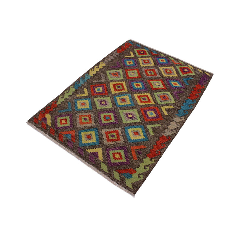 Tapis brun foncé / jaune / vert en laine à motif géométrique fait à la main 3 pi 5 po x 4 pi 11 po Madee