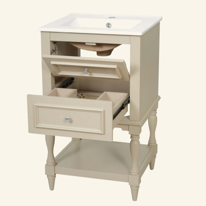 Meuble-lavabo de salle de bain avec lavabo en céramique, armoire de rangement pour salle de bain avec tablette ouverte, armoire de salle de bain rétro avec 2 tiroirs