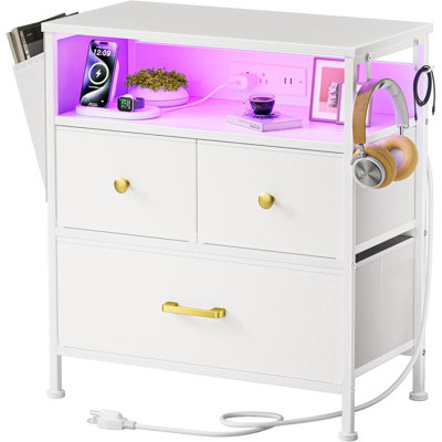 Nightstand with Charging Station and LED Lights, End Table with 3 Drawers and Shelf, White Dresser Landri