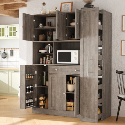 Buffet traditionnel traditionnel 52,8 x 17,7 x 70 pouces avec huche, grande armoire de rangement pour garde-manger avec armoire latérale coulissante, tablettes de porte et tiroir, brun