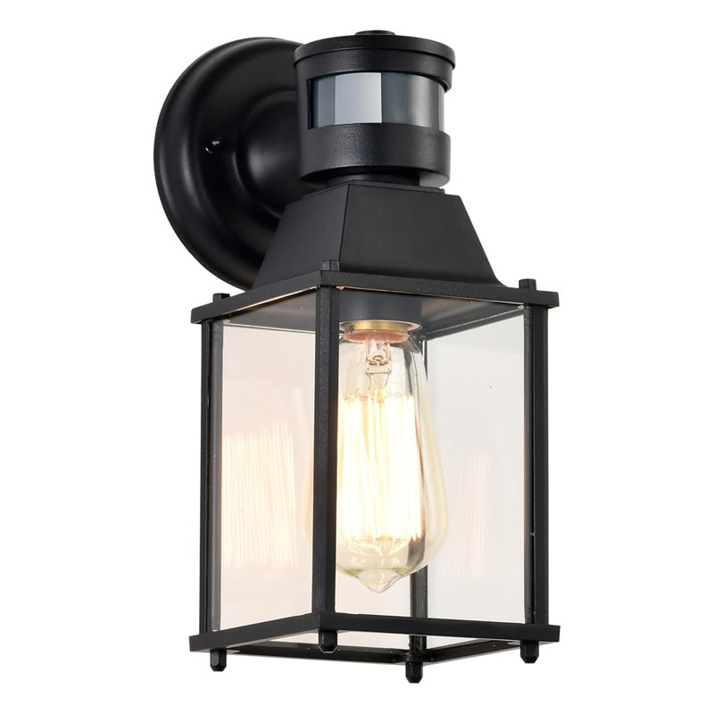 Black Hardwired Outdoor Wall Light with Motion Sensor and Glass Shade