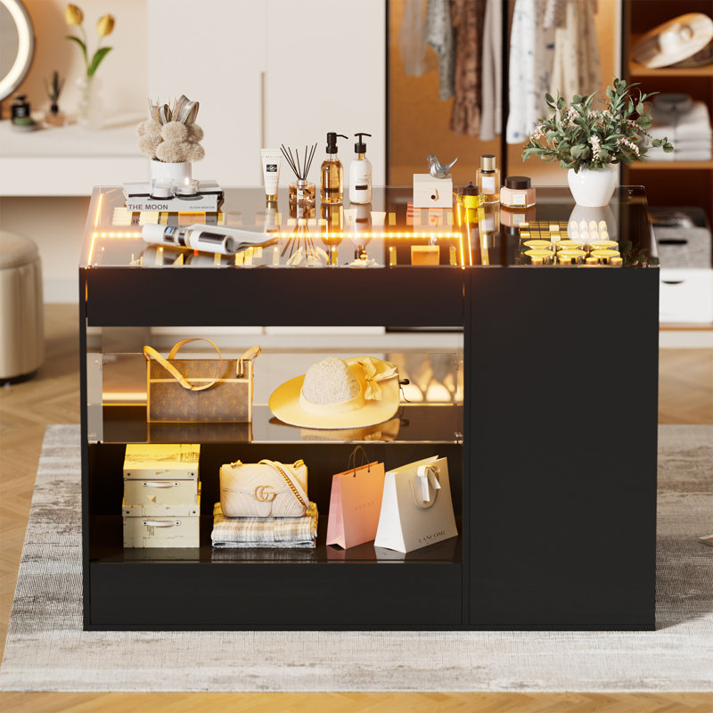 Closet Island With Drawers, Glossy Wardrobe Armoire Bedroom Island With Glass Tabletop, Lights&jewelry Organizer, Walk-in Closet Island Dresser For Bedroom Dressing Room Cloakroom