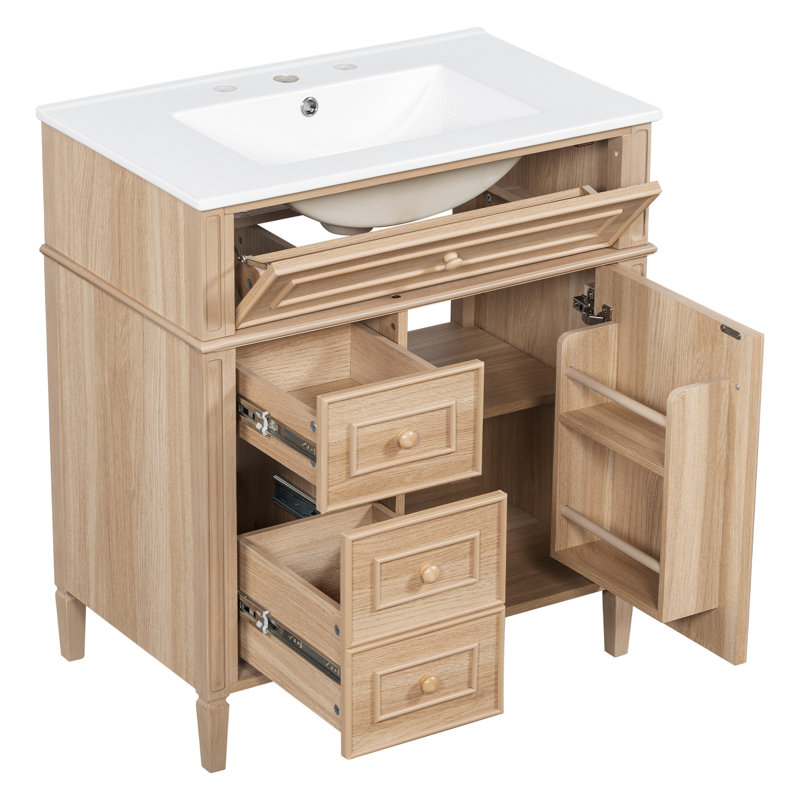Meuble-lavabo de 30 po avec lavabo, armoire en bois massif et panneau de fibres à densité moyenne, tiroir rabattable, 2 tiroirs à fermeture en douceur, 1 porte à fermeture en douceur, poignées en bois élégantes