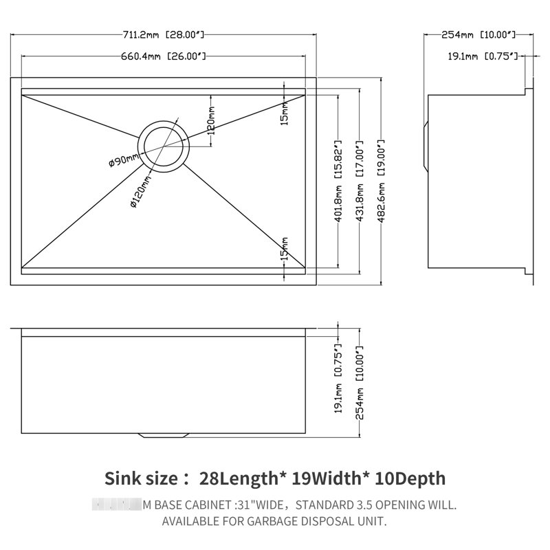 Évier de poste de travail encastré à simple cuve 28 po x 19 po x 10 po, acier inoxydable 304 de calibre 16, aspect nickel brossé, rail encastré pour faciliter l'utilisation des accessoires, guide d'eau en forme de X à écoulement doux, revêtement et