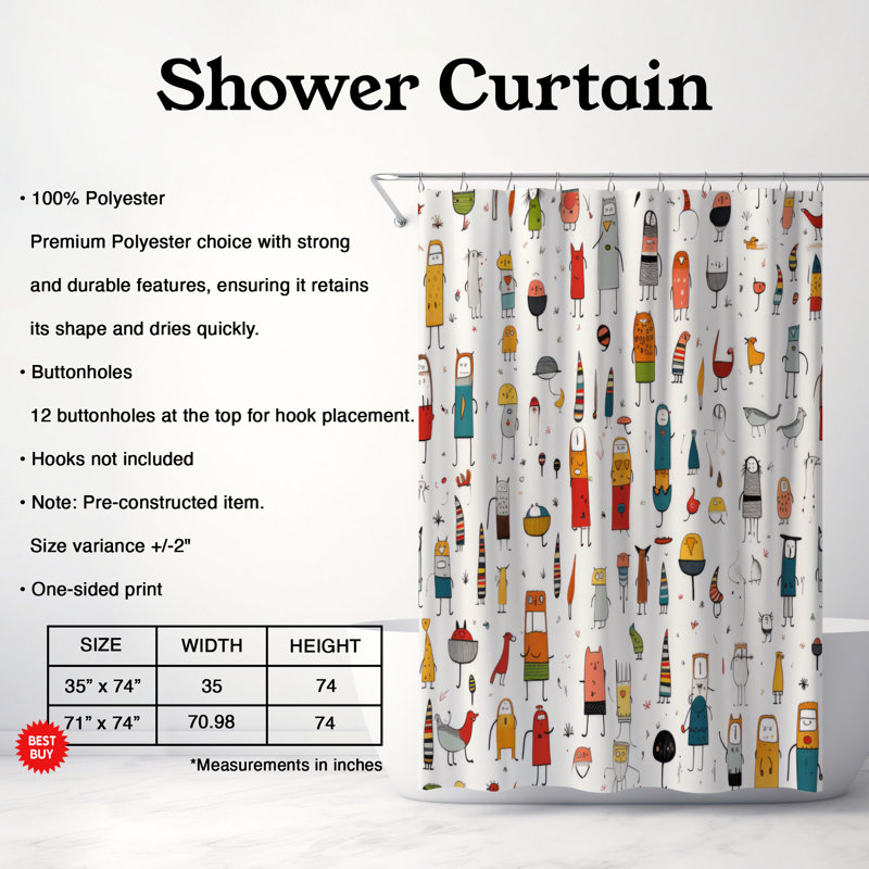 Charmant Personnages - Rideau de douche Premium, H 74 po x l 71 po