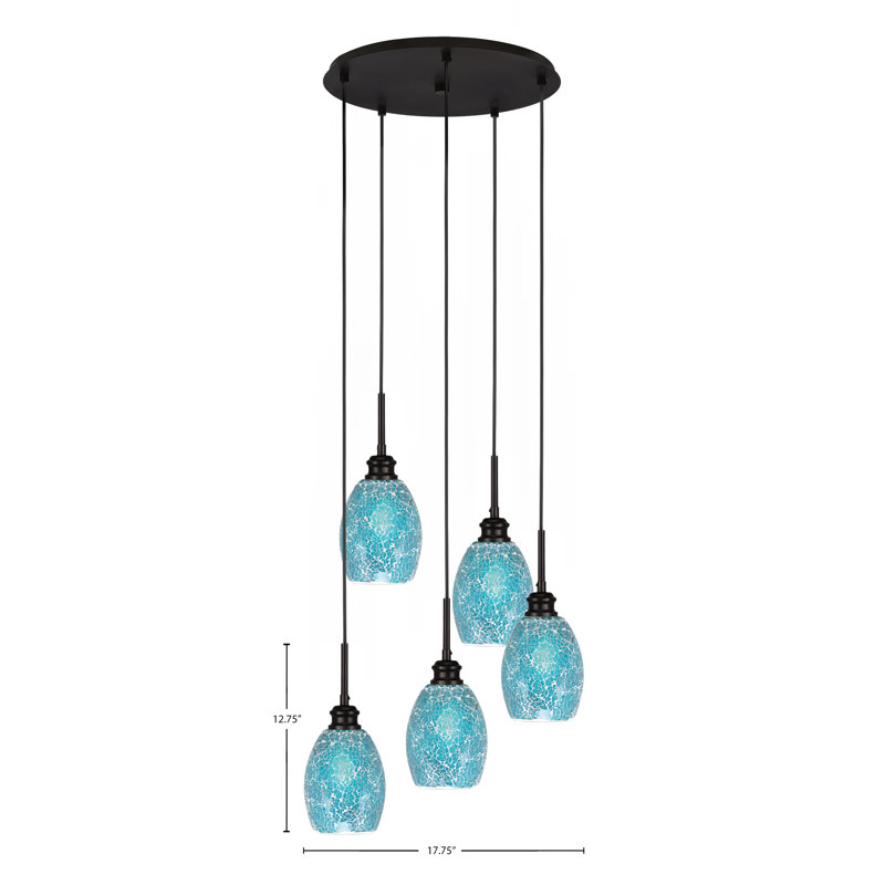 Luminaire suspendu grappe 5 lumières Edge avec verre de fusion 5 po Edge, Fusion turquoise, Espresso