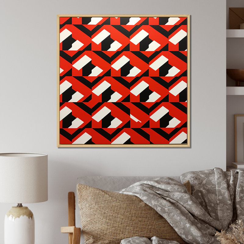Motif rétro géométrique rouge, blanc et noir - reproduction sur toile, H 30 po x l 30 po x P 1 po, Cadre naturel flottant