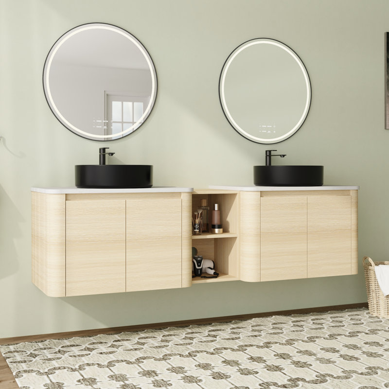 Meuble-lavabo double 72 po avec dessus en pierre reconstituée et portes à fermeture en douceur 72 po