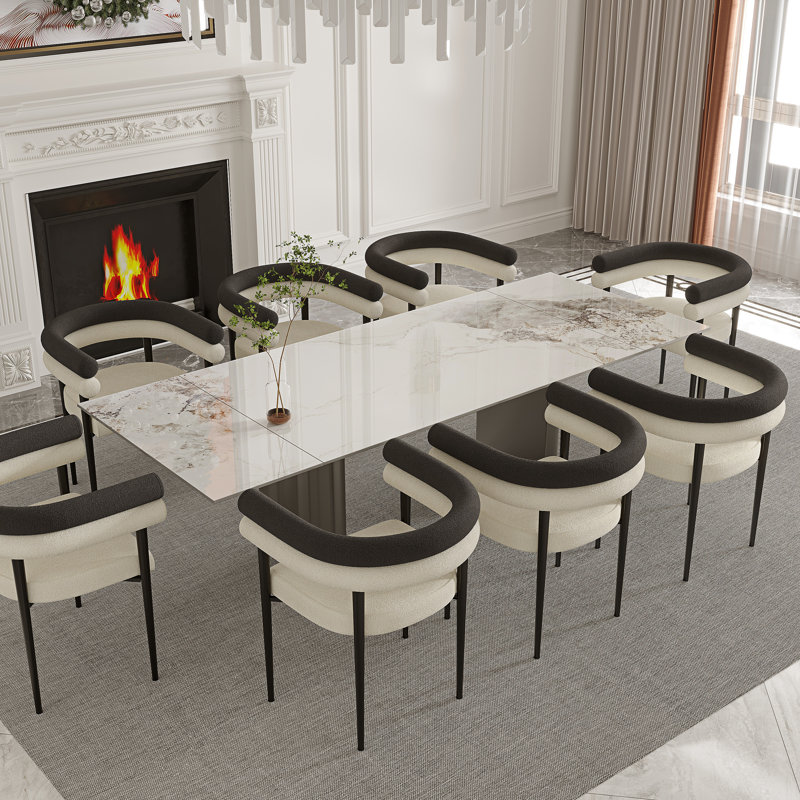 Ensemble de 9 tables de salle à manger extensibles de 63 à 94,5 po avec table en pierre frittée et 8 fauteuils, Chanel, Noir