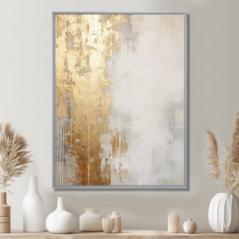 «Minimal Gold and Beige Abstract River III - Northern Lights», reproduction d'art murale, H 20 po x l 12 po, Argent argent