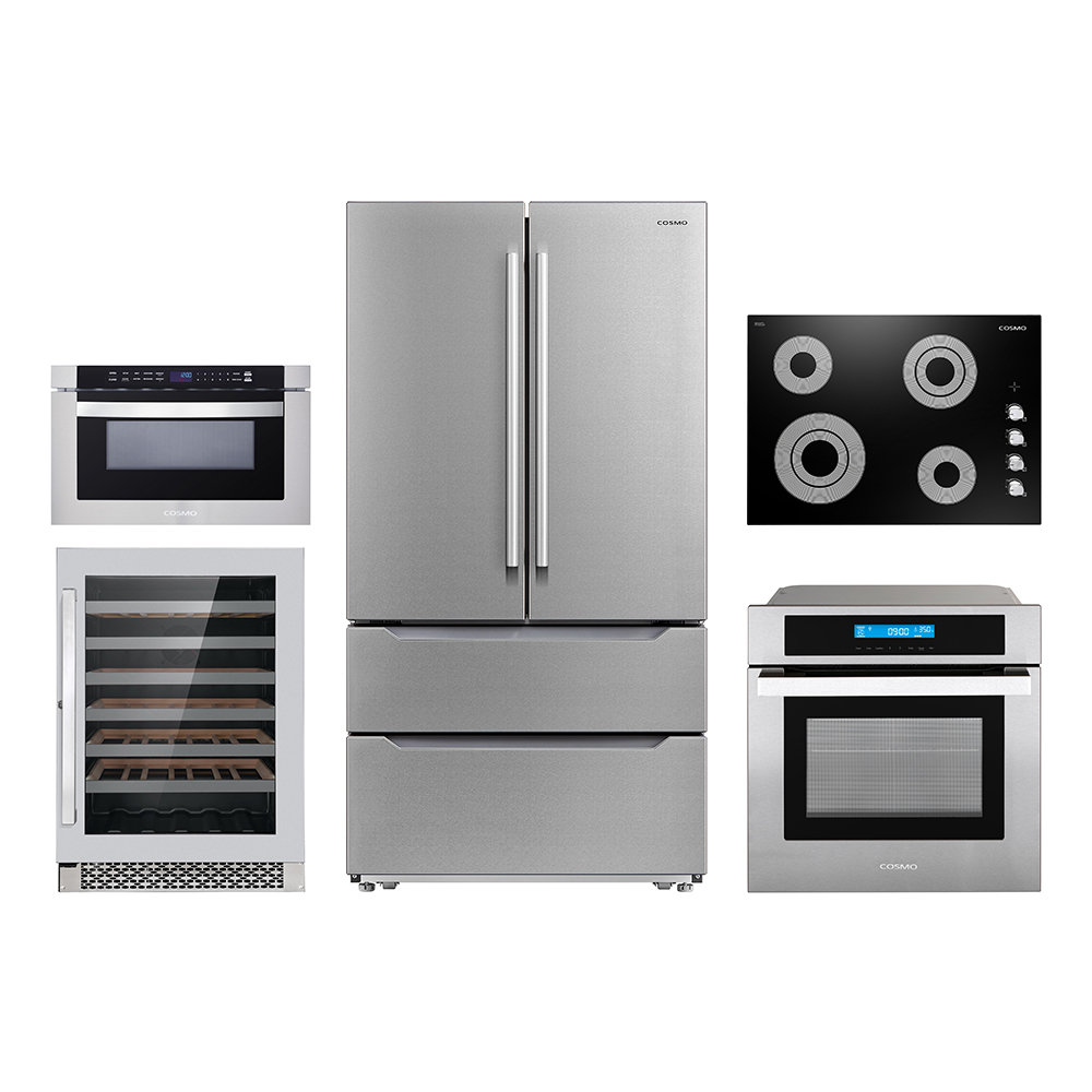 Cosmo 5 Piece Kitchen Appliance Package with French Door Refrigerator , 30'' Electric Cooktop , Wall Oven , Microwave Drawer , and Wine Refrigerator Cosmo