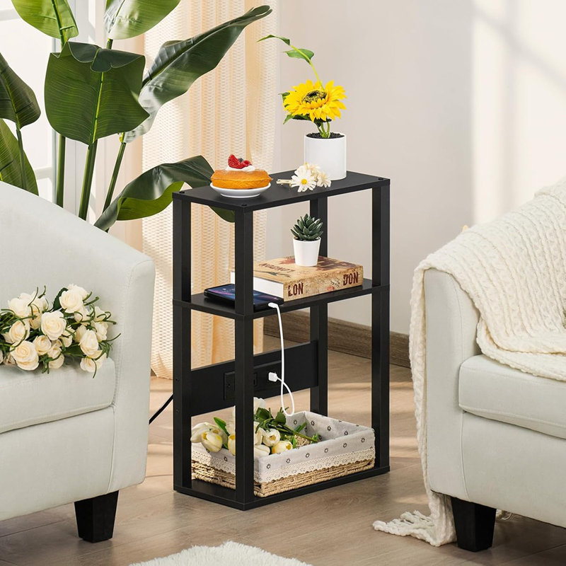 3-Tier Small Narrow Wood Side Table Set Of 2 With Charging Stati...
