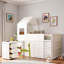 Lit mezzanine en bois avec bureau, tiroirs et armoires-458329876