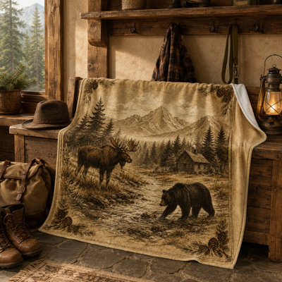 Rustic Moose and Bear Flannel Throw Blanket with Cabin, Mountain Creek and Pinecone Border, Sepia Lodge Wildlife Scene for Couch Bed Accents, 60 x 80 in