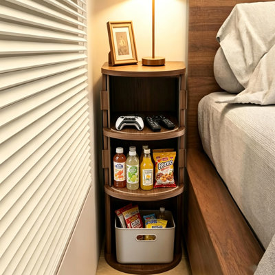 3-Tier Fluted Narrow Nightstand With 2 Arced Door & Open Shelf, Walnut