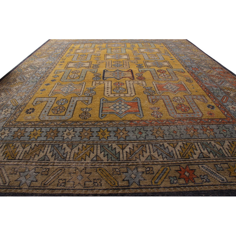 Hand-Knotted Classic Rug Gold Blue Geometric Pattern, Rectangle 13' x 18'