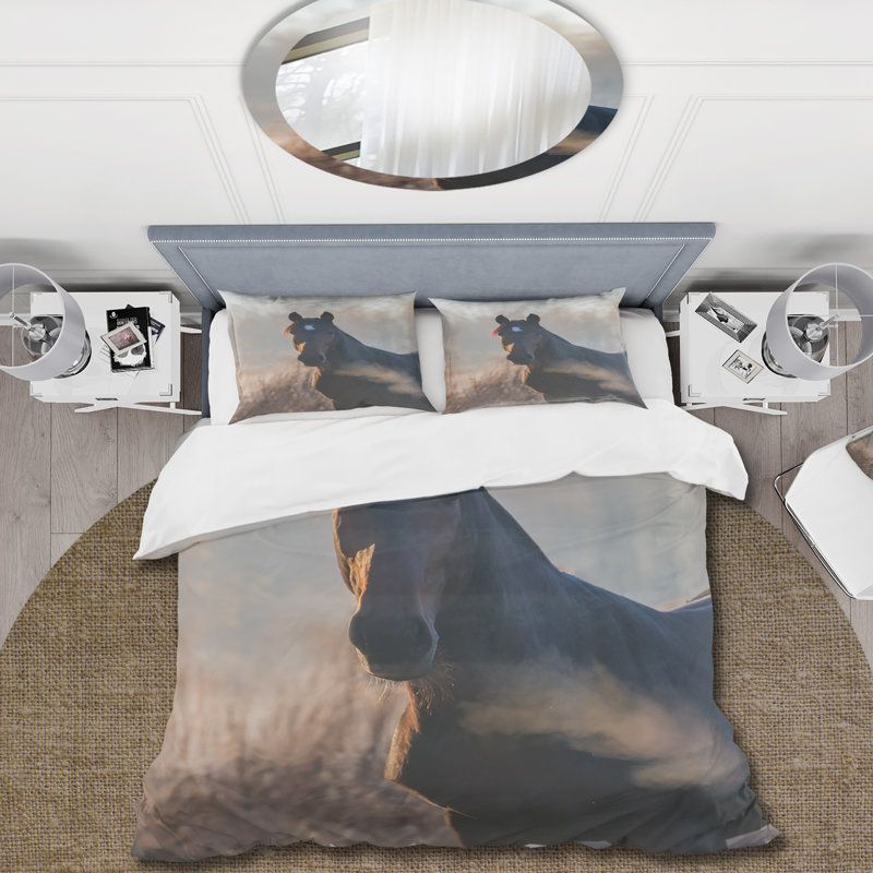 Portrait d'un cheval sur un matin d'automne - Ensemble de housse de couette Farmhouse - Microfibre de polyester
