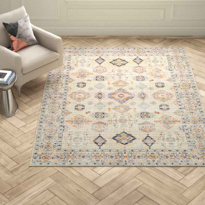 Emmie Oriental Beige/Olive/Denim/Charcoal/Sage Area Rug, Rectangle 6'7" x 9'