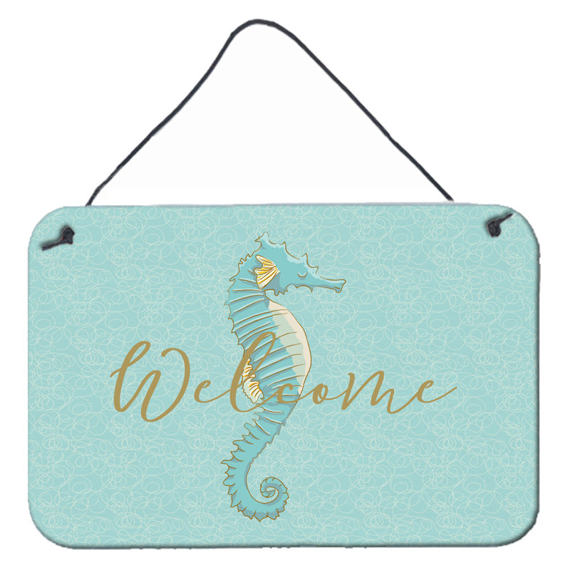 Farmhouse Wall Decor on Metal, Light Blue, Seahorse Welcome, No Dog