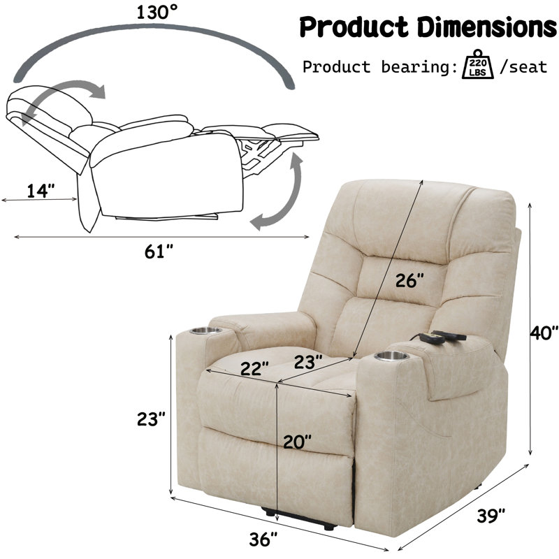 Roxy Electric Power Lift Recliner Chair With Heating & Massage, Ivory Leather Aire Upholstered, Remote Control, Cup Holders & Side Storage