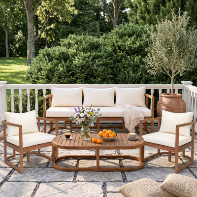Ensemble de conversation d'extérieur 4 pièces en bois d'acacia avec canapé 3 places, 2 fauteuils rembourrés et table basse de patio