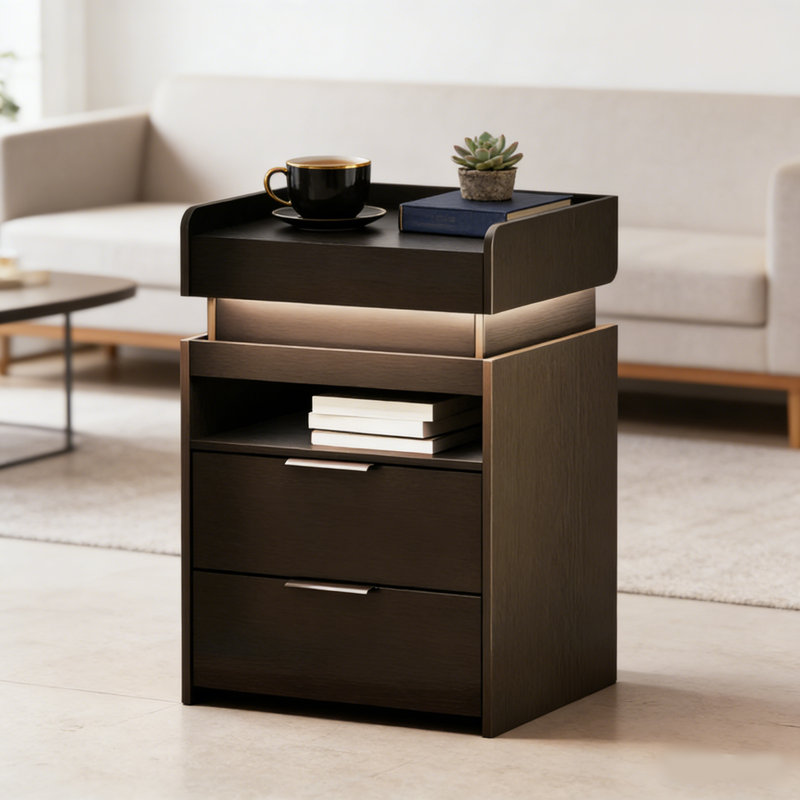 Modern Black LED Nightstand with Fast-Charging Ports, Black