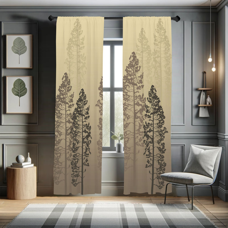 Ebern Designs Country Curtains, Pine Trees Woodland Ombre, Pair of 28", 28" W x 63" L, Pale Camel