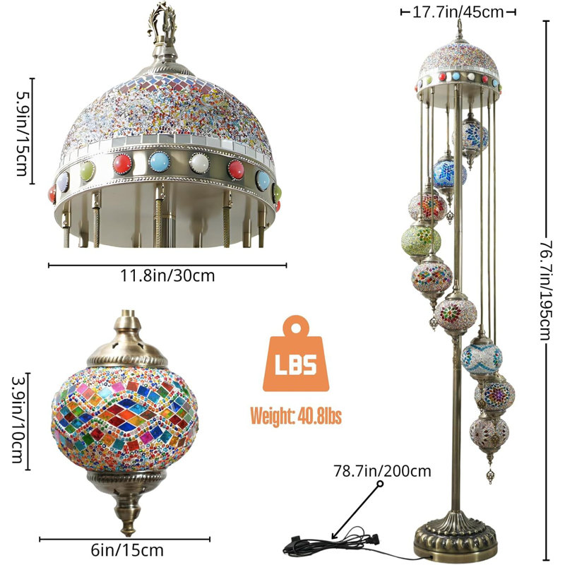 Moroccan 9 Globe Floor Lamp with Enhanced Lampshade, 77" Turkish Mosaic Floor Lamp, Color Mix, 10 E26 LED Bulbs Included for Luxurious Home Settings