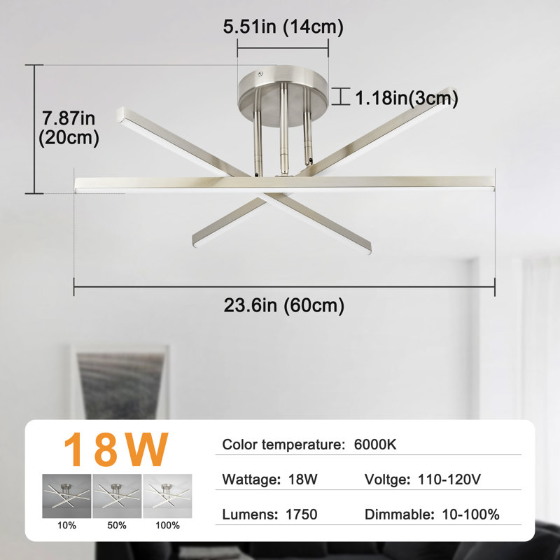 3-Light 23.6" Geometric LED Semi Flush Mount Ceiling Light, Brushed Nickel