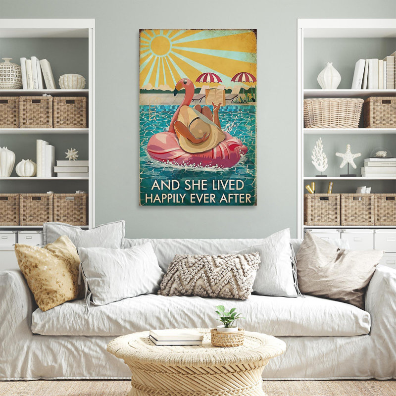 «Flamingo And She Lived Happily Ever After», reproduction d'art rectangulaire sur toile tendue 1 pièce