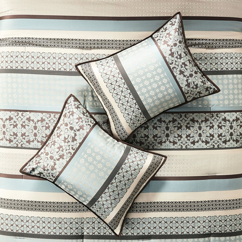 Édredon 7 pièces bleu grand - motif géométrique complexe, revers doux, comprend des taies décoratives pour le lit et la jupe