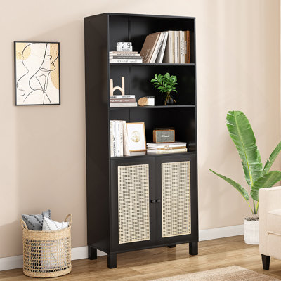 Tall Bookcase With Rattan Doors, Bookcase With Storage Shelves For Library Living Room Bedroom Home Office