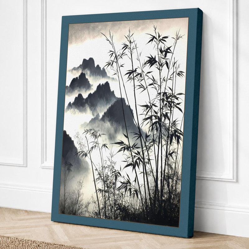 Misty Mountain Bamboo Japandi - Print, 24x16 - 61.0 x 40.6 cm, Teal Border