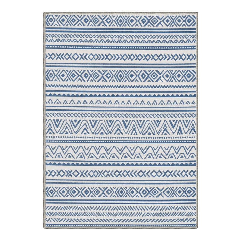 Geometric Stripes Machine Washable Slate Blue Indoor Area Rug With Non-Slip Backing, Rectangle 6' x 9'