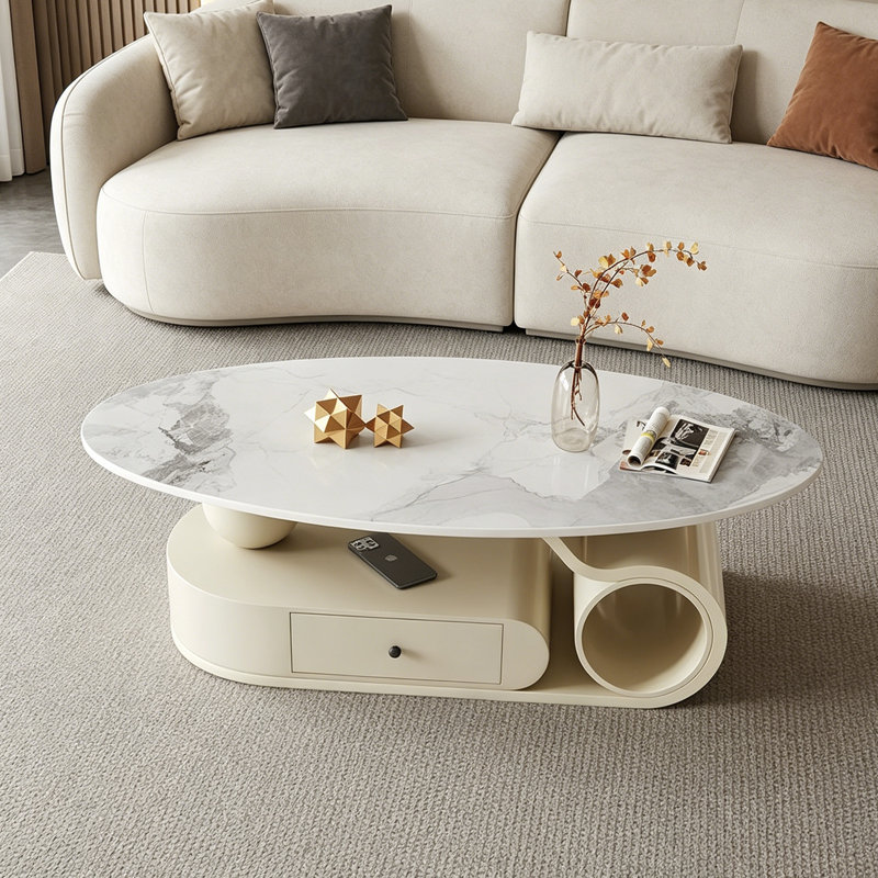 Table basse moderne avec rangement ovale pour petit appartement, Blanc / Gris, H 15,74 po x L 47,24 po x l 23,62 po