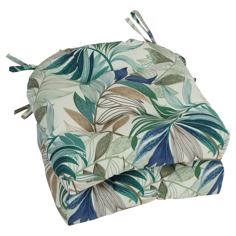 16-Inch Rounded Back Outdoor Tufted Chair Cushions (Set Of 2), Tan/Green/Oasis Chambray Floral