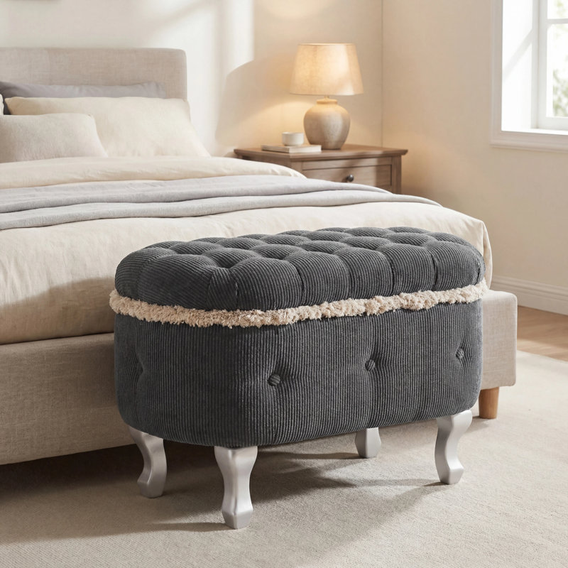 Banc de rangement 29,5 po, banc de bout avec repose-pieds capitonné en tissu et capitonné, Gris