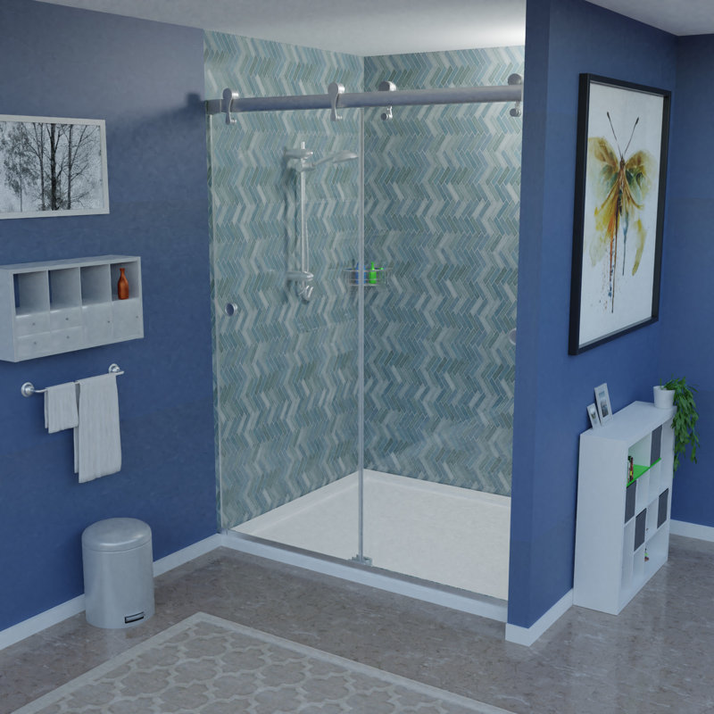 Porte de douche réversible coulissante sans cadre H 60 po x H 76 po Hawaii, Argent argent