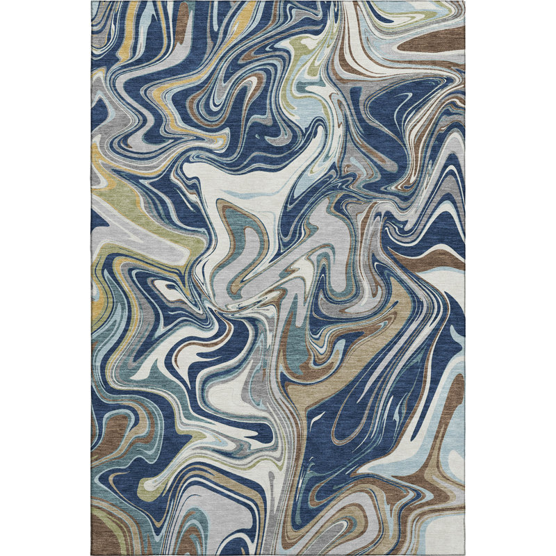 Premium Machine Washable Mayfield AMF2395 Abstract Rug, Navy, 5' x 7'6"