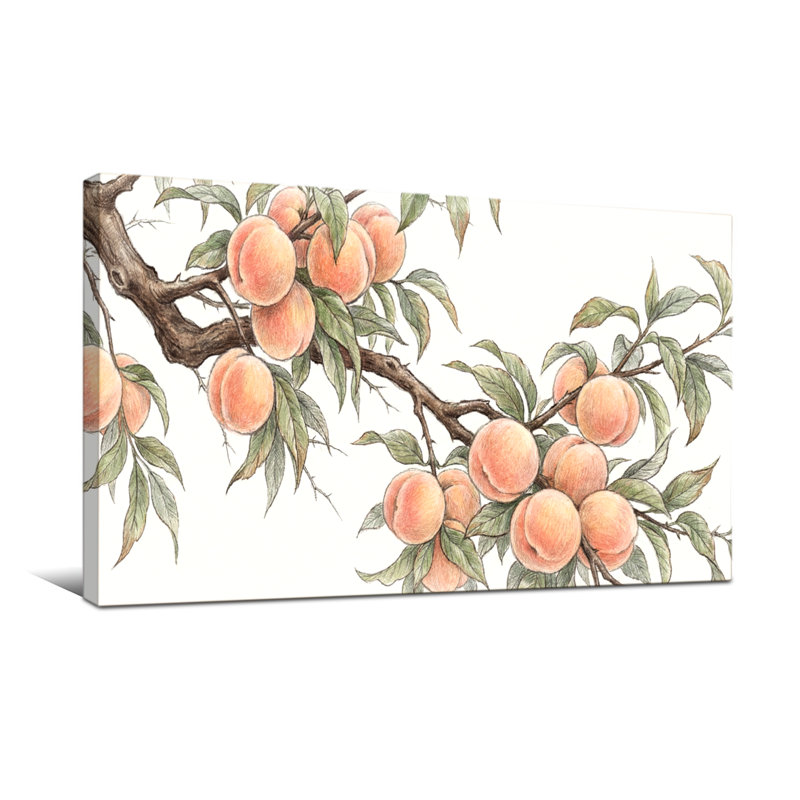 Plantes et fleurs - Branche de pêche avec fruits qui mûrissent et feuilles vertes, H 20 po x l 40 po