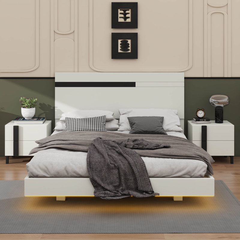 Sophisticated Queen 3-Piece Floating Platform Bed Set With Integrated LED Lights And Two Stylish Nightstands