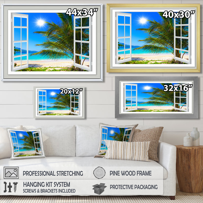 « Window Open to Beach with Palm » - impression d'art mural avec plage, impression sur toile avec plage et palmier, Noir