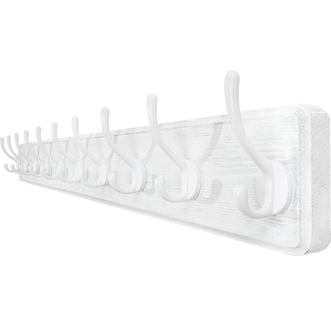 38" White Wood Wall Mounted Coat Rack - 10 Hooks (16" Hole to Hole) for Coats/Hats