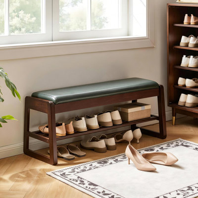 Wood Shoe Storage Bench 39.37 Inch with Premium Vegan Leather Seat, Hidden Lift Top Storage  Tiered Open Shoe Shelves, Sturdy Shoe Rack Bench for Entr