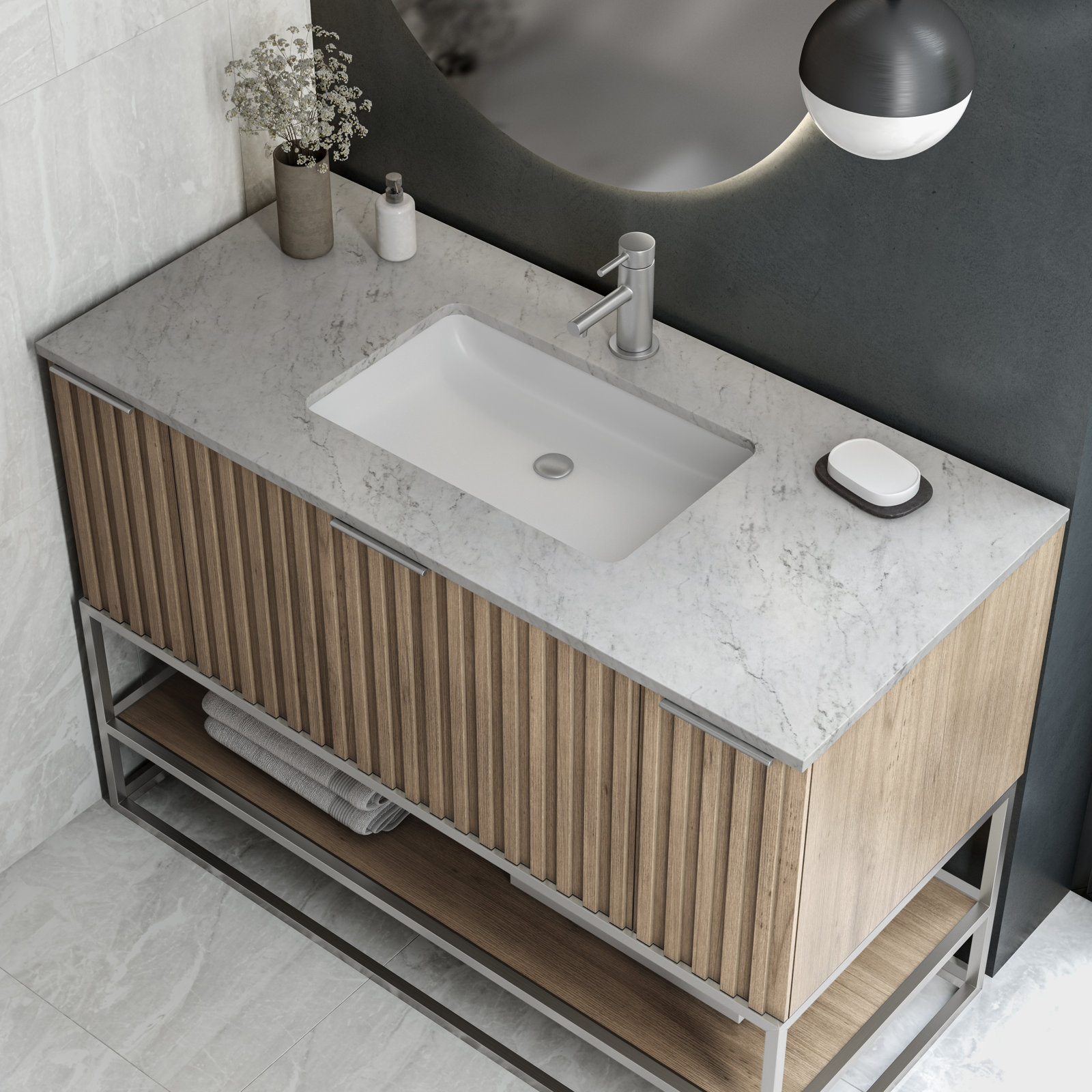 Terra 48'' Single Bathroom Vanity, Carrara Marble/Single Faucet Mount, Cashmere Gray, Brushed Nickel