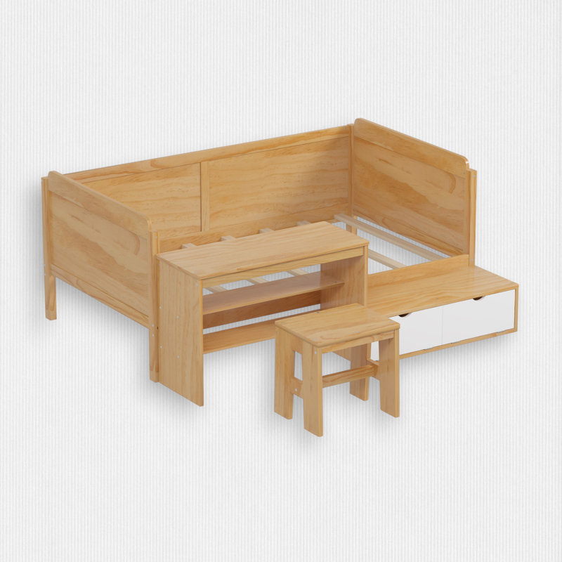 Twin Size Multi-functional Wooden Daybed with Storage Shelves and Lockers and Study Desk Set, including Matching Stool